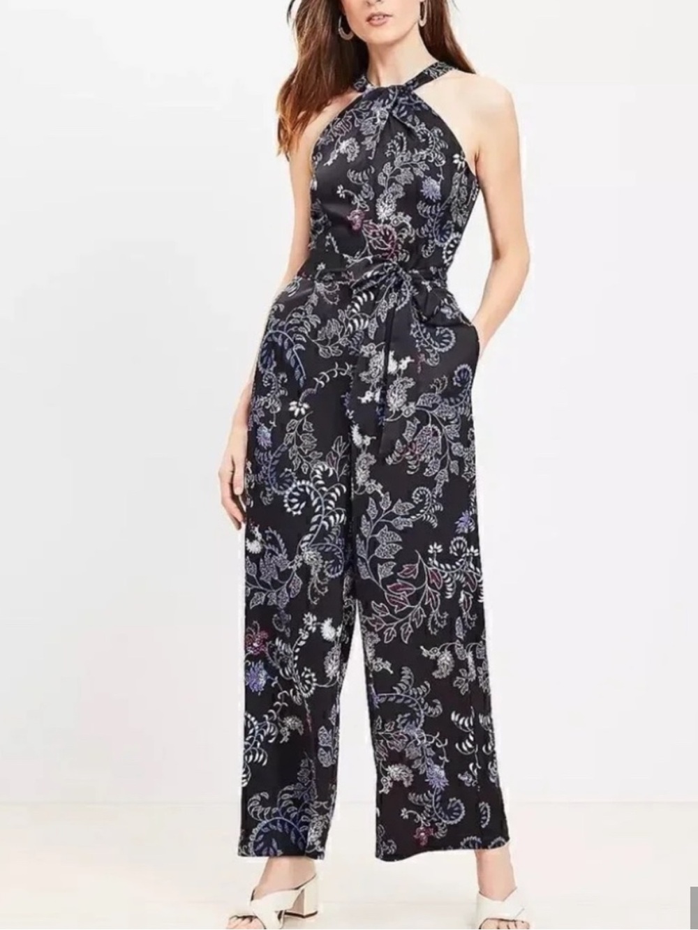 LOFT Black dotted floral Halter Wide-Leg Jumpsuit Pockets 6